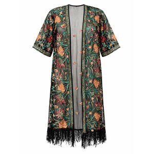 [NWOT] Rebellion - Sheer Embroidery Mesh Kimono - Black Fringe Size XS